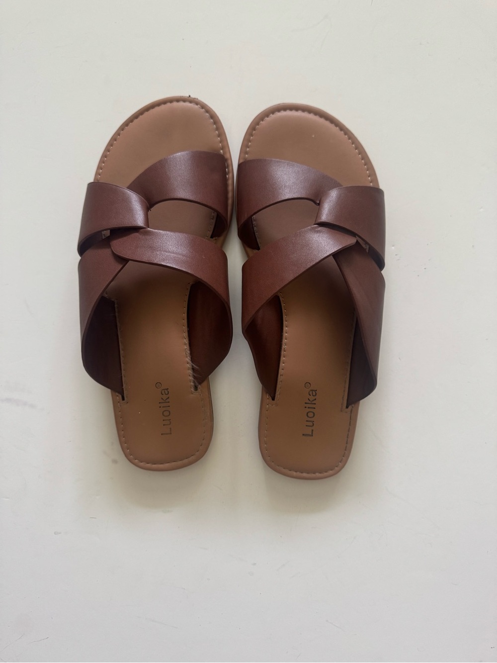 Brown Leather Cross-Strap Slide Sandals for Women